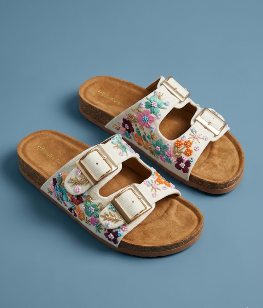 Floral Embroidered Double - Buckle flats