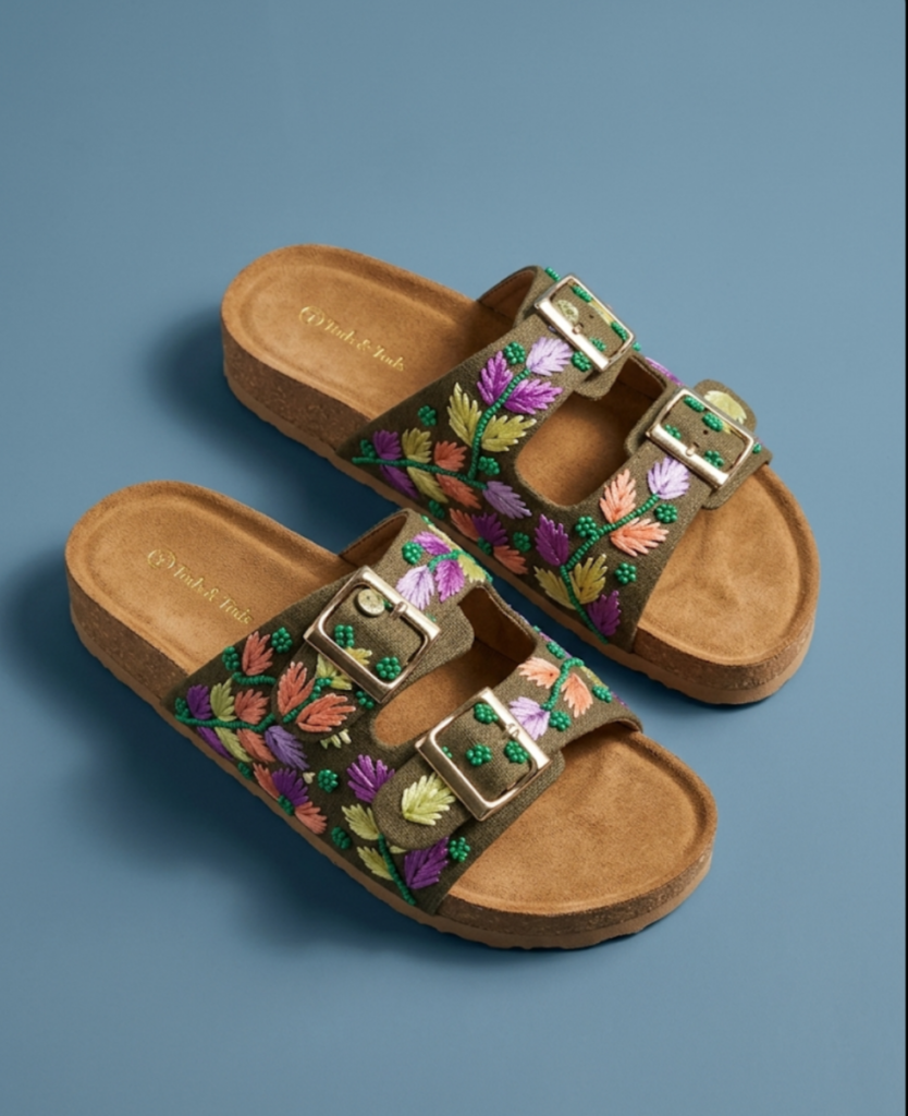 Floral Embroidery Double Buckle - Slip-on flat