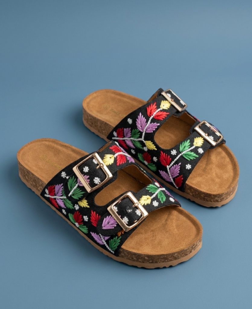 Floral Embellished Double Buckle slide Black multicolour