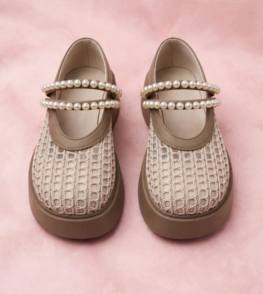 Pearl-Embellished Mesh Casual Platform Shoes / Mary Janes