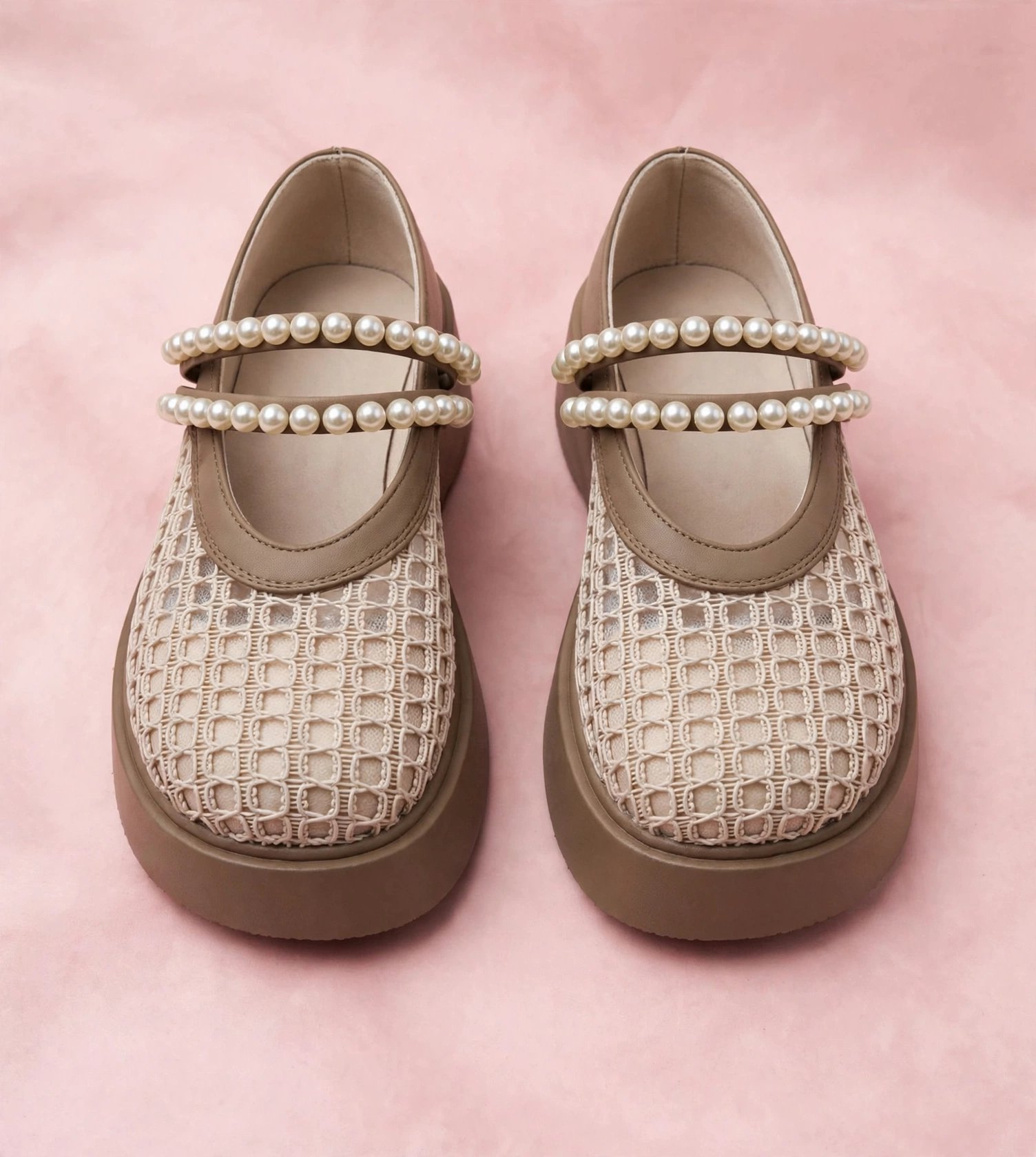 Pearl-Embellished Mesh Casual Platform Shoes / Mary Janes