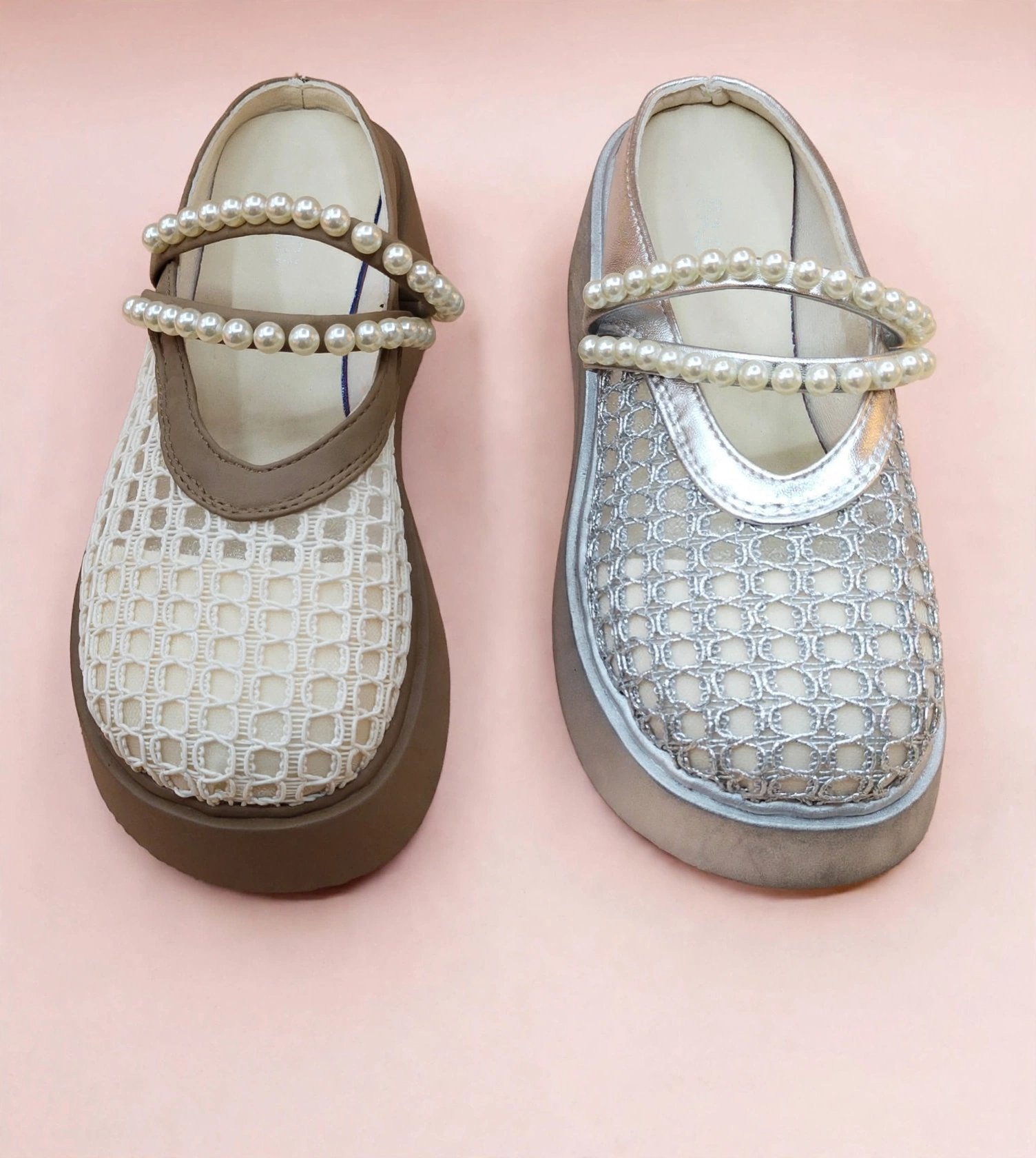 Pearl-Embellished Mesh Casual Platform Shoes / Mary Janes - Image 4