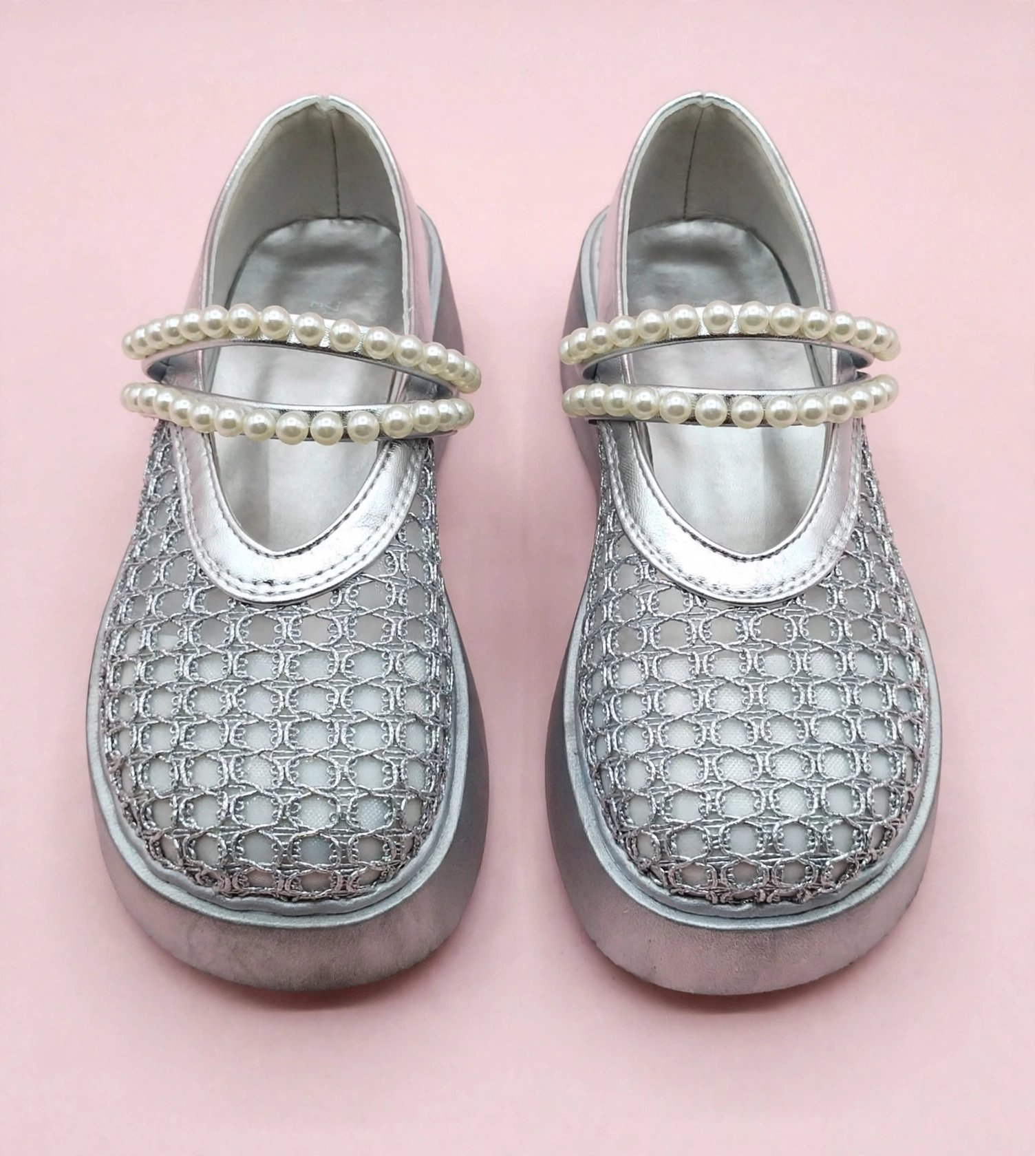 Pearl-Embellished Mesh Casual Platform Shoes / Mary Janes - Image 2